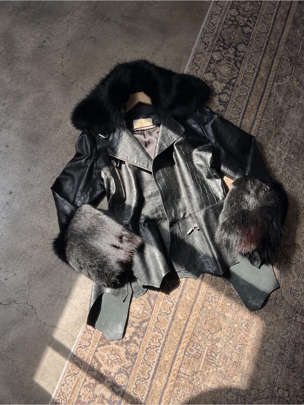 Black Leather Jacket with Fur Collar and Cuffs